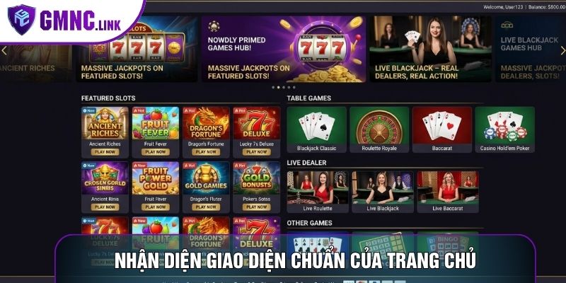 Nhận diện giao diện chuẩn của trang chủ